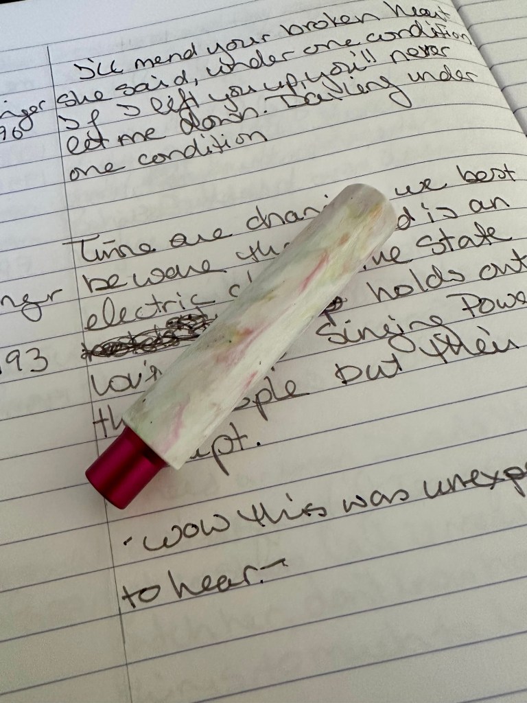 A capped Write-Off Wren sitting on top of a commonplace notebook.